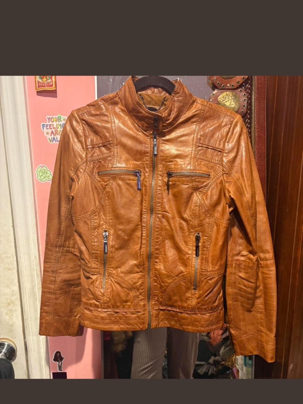 Women's Tan Leather Zip-Front Jacket